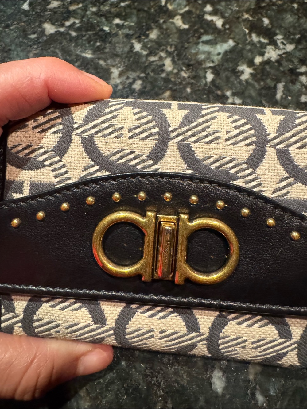 Salvatore Ferragamo Beige Monogram wallet with  Black Trim and Gold Hardware - Picture 8 of 9